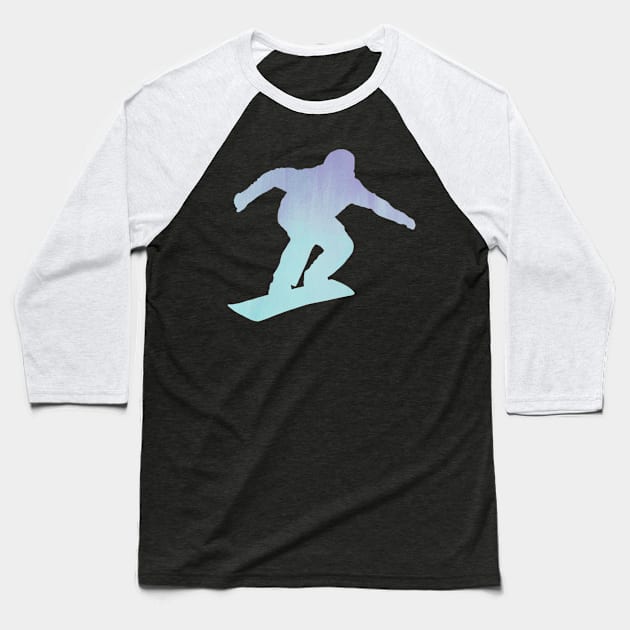 Blue Ice Snowboarder Silhouette Baseball T-Shirt by Moon Lit Fox